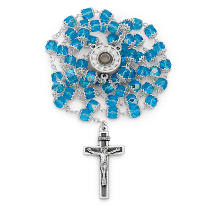 MONDO CATTOLICO ROMA Rosary 50 cm (19.69 in) / 68 cm (26.77 in) / 7 mm (0.28 in) Our Lady of Lourdes Aquamarine Rosary with Holy Water Reliquary