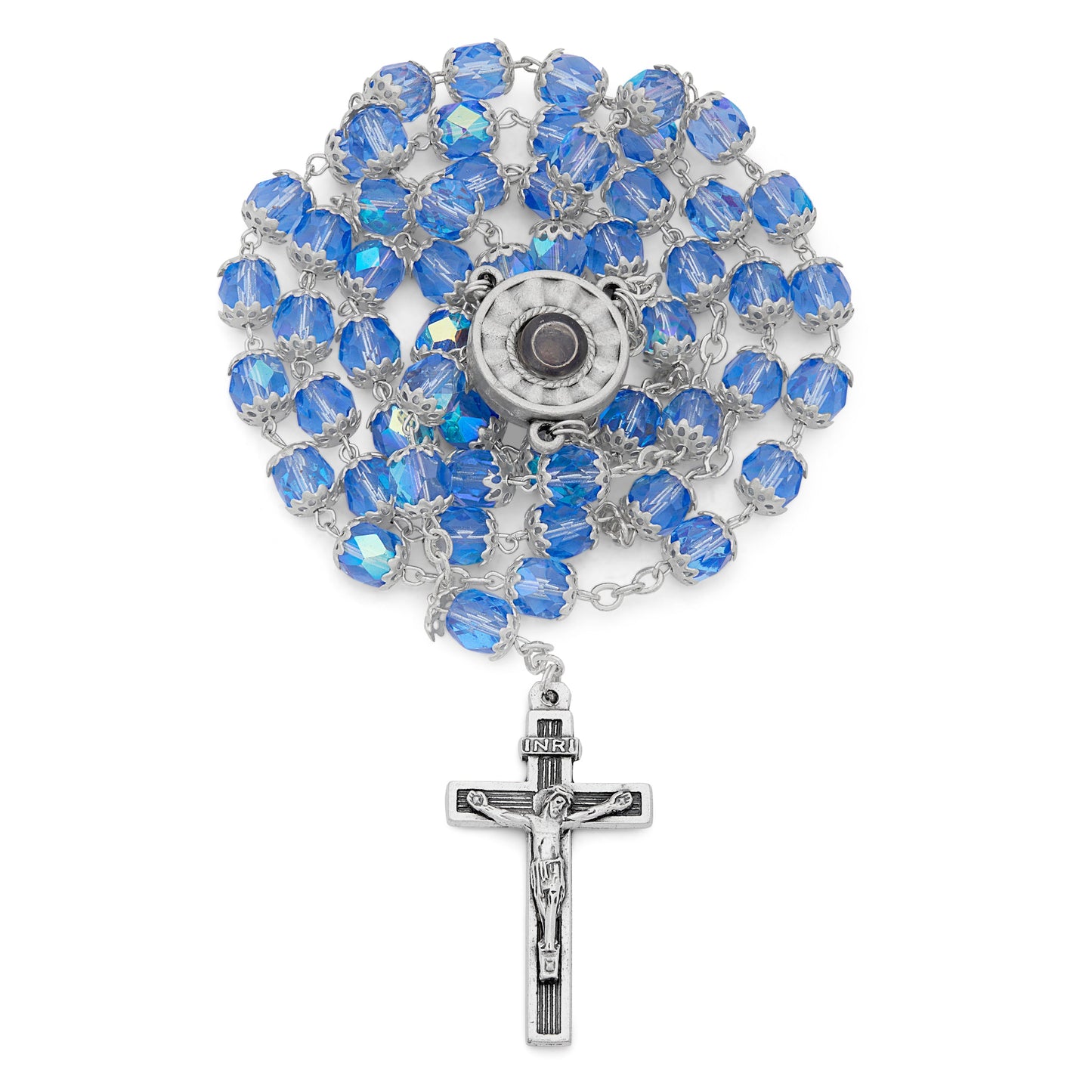 MONDO CATTOLICO ROMA Rosary 50 cm (19.69 in) / 68 cm (26.77 in) / 7 mm (0.28 in) Our Lady of Lourdes Light Blue Rosary with Holy Water Reliquary