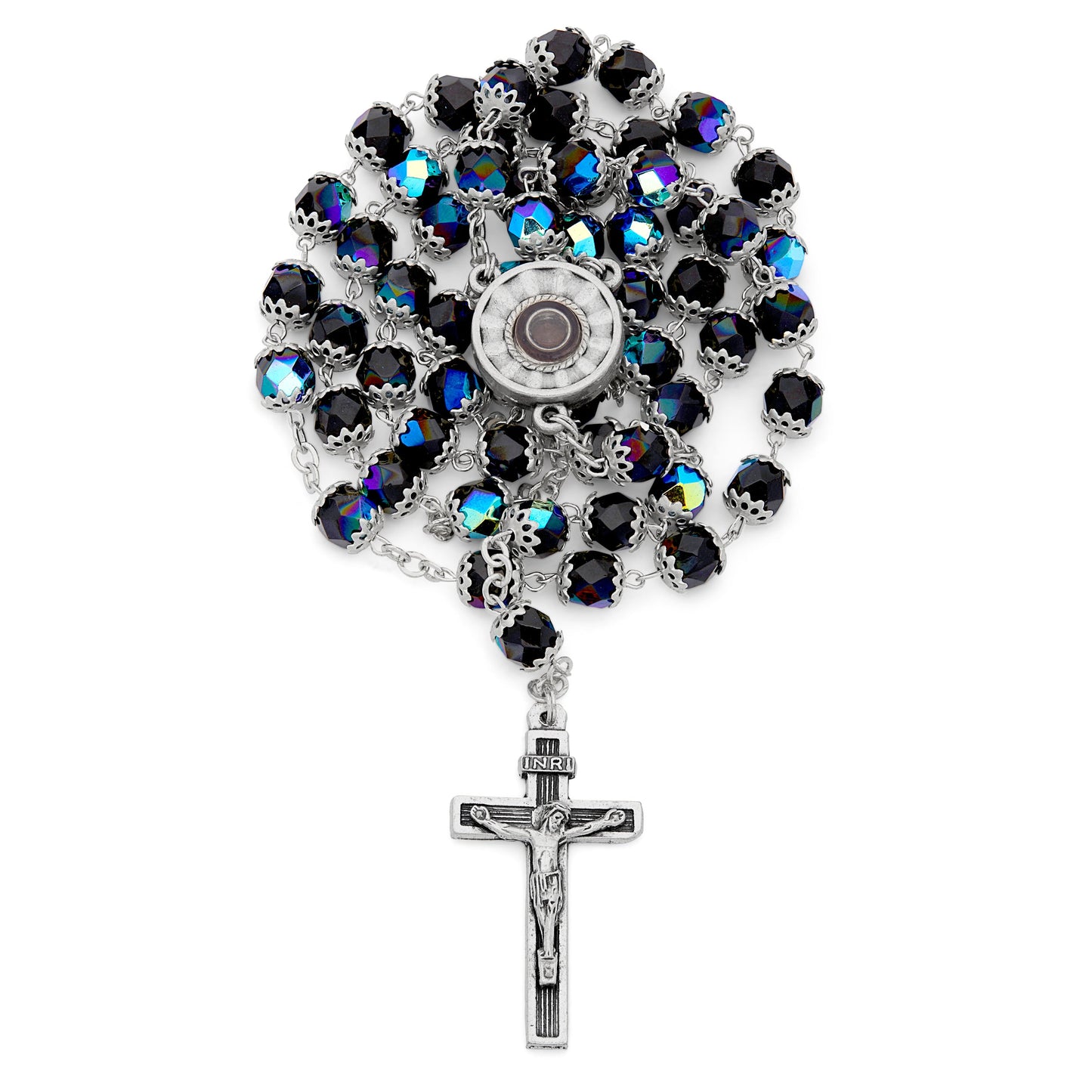 MONDO CATTOLICO ROMA Rosary 50 cm (19.69 in) / 68 cm (26.77 in) / 7 mm (0.28 in) Our Lady of Lourdes Rosary with Black Beads and Holy Water Reliquary