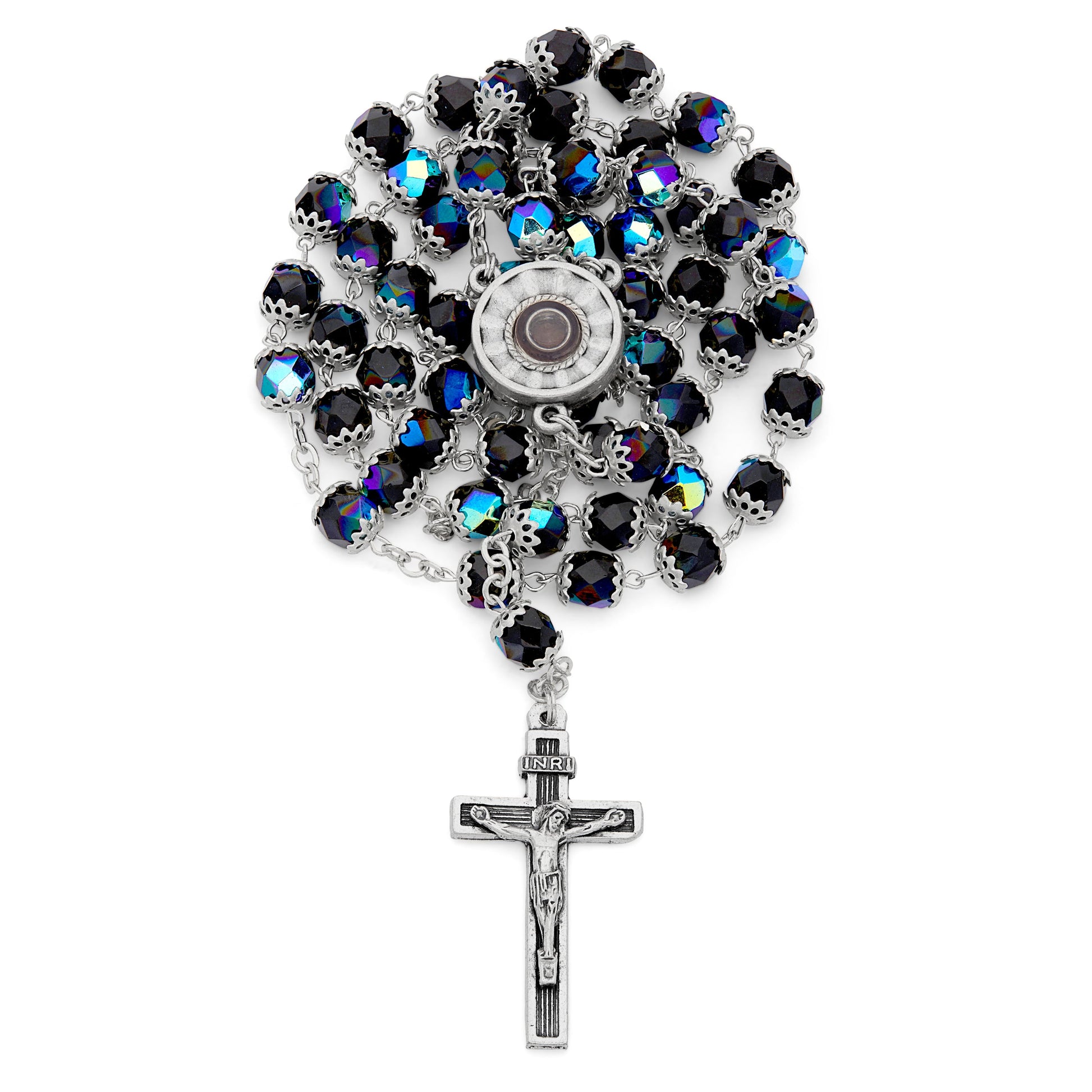 MONDO CATTOLICO ROMA Rosary 50 cm (19.69 in) / 68 cm (26.77 in) / 7 mm (0.28 in) Our Lady of Lourdes Rosary with Black Beads and Holy Water Reliquary