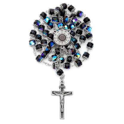 MONDO CATTOLICO ROMA Rosary 50 cm (19.69 in) / 68 cm (26.77 in) / 7 mm (0.28 in) Our Lady of Lourdes Rosary with Black Beads and Holy Water Reliquary