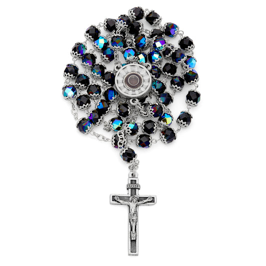 MONDO CATTOLICO ROMA Rosary 50 cm (19.69 in) / 68 cm (26.77 in) / 7 mm (0.28 in) Our Lady of Lourdes Rosary with Black Beads and Holy Water Reliquary