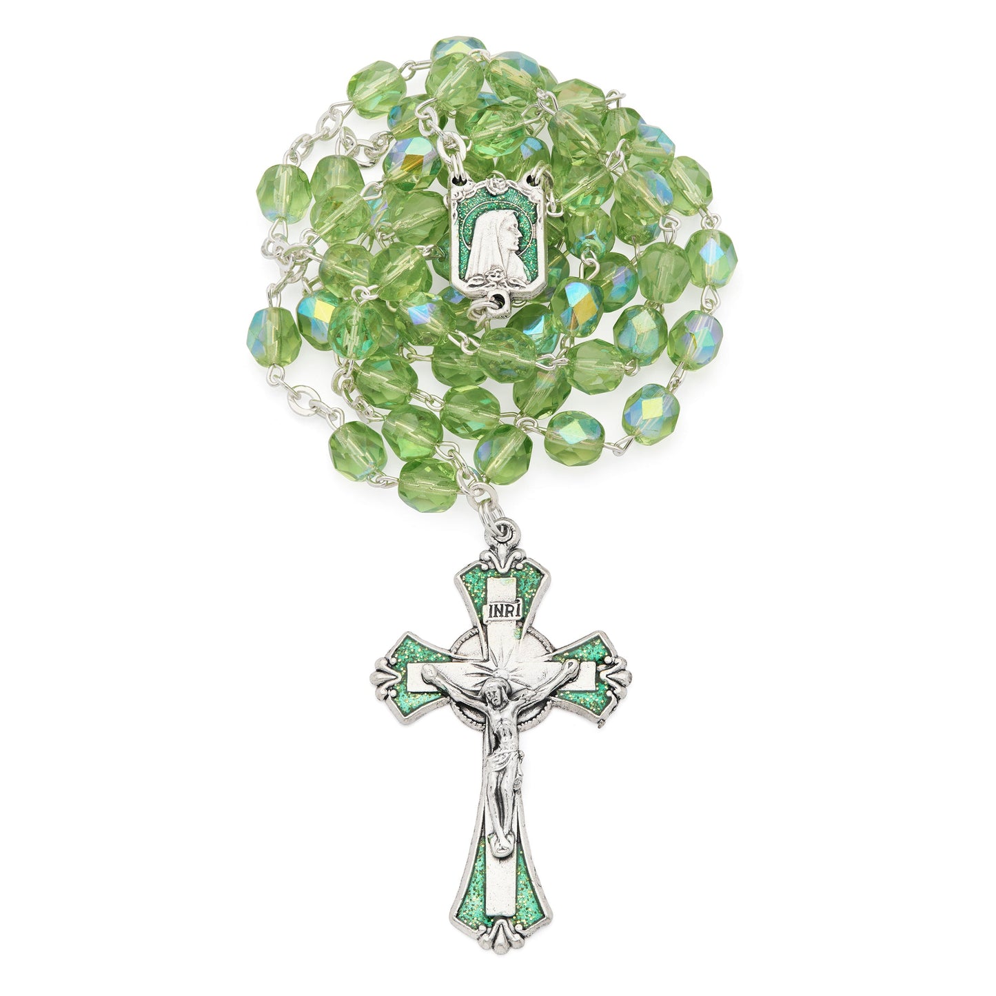 MONDO CATTOLICO ROMA Rosary 46 cm (18.11 in) / 60 cm (23.62 in) / 6 mm (0.24 in) Our Lady of Lourdes Rosary with Green Faceted Crystal Beads