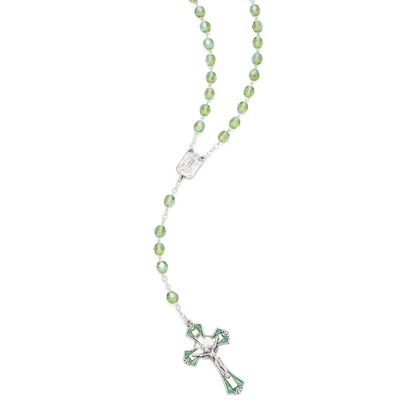 MONDO CATTOLICO ROMA Rosary 46 cm (18.11 in) / 60 cm (23.62 in) / 6 mm (0.24 in) Our Lady of Lourdes Rosary with Green Faceted Crystal Beads