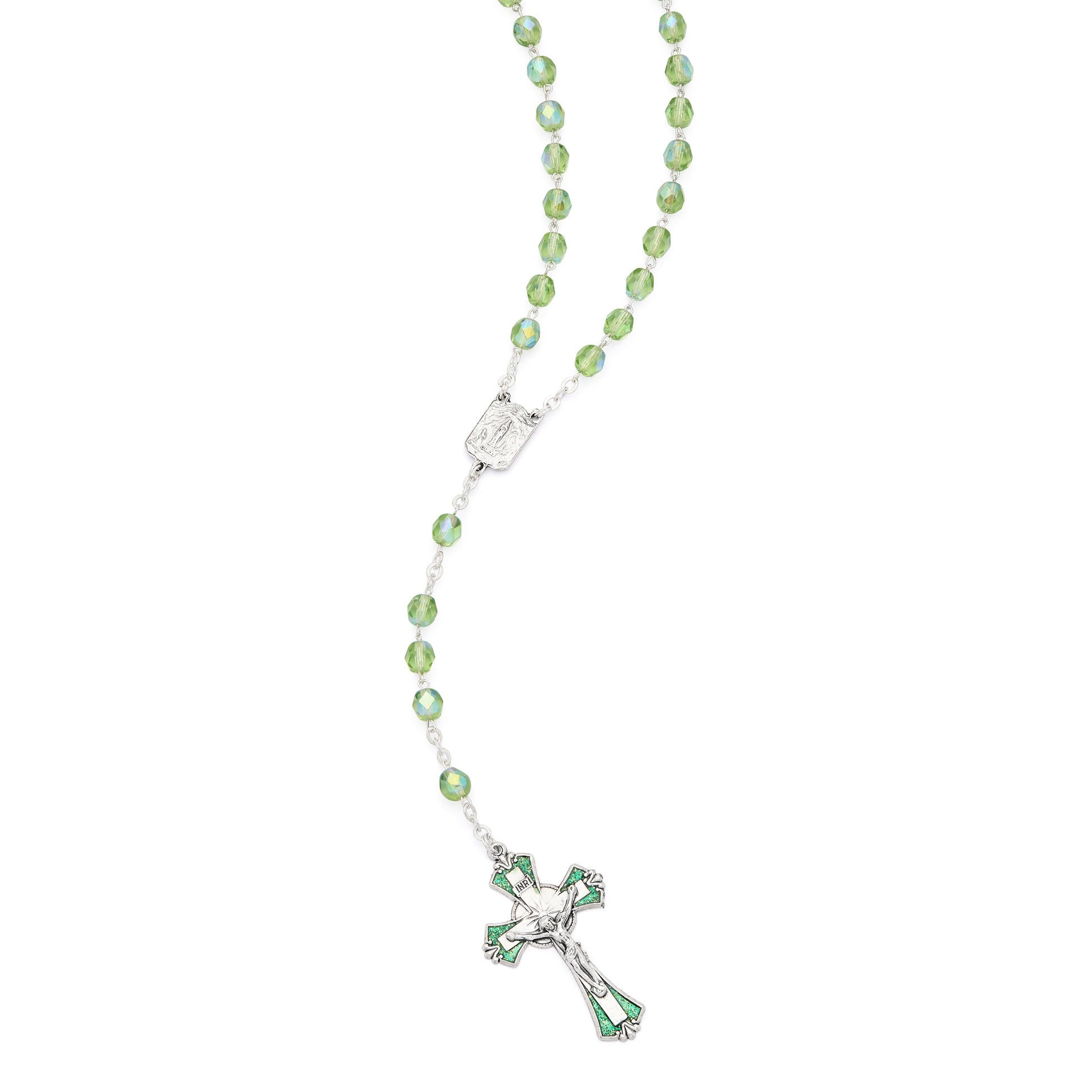 MONDO CATTOLICO ROMA Rosary 46 cm (18.11 in) / 60 cm (23.62 in) / 6 mm (0.24 in) Our Lady of Lourdes Rosary with Green Faceted Crystal Beads