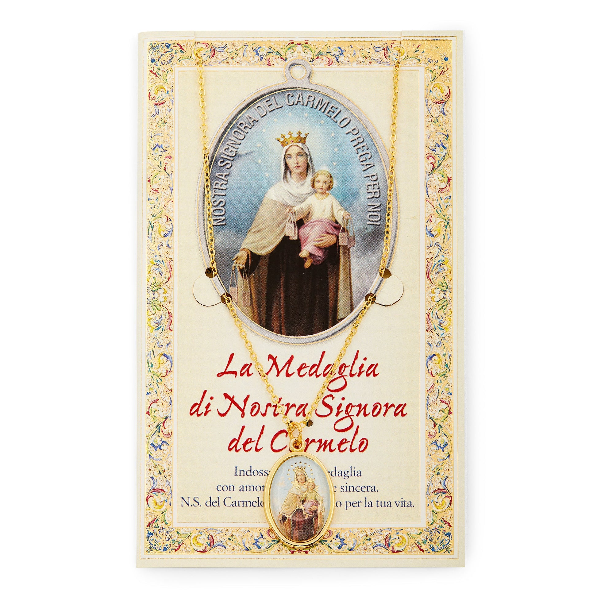 MONDO CATTOLICO Our Lady of Mount Carmel Holy Card and Medal with the Chain
