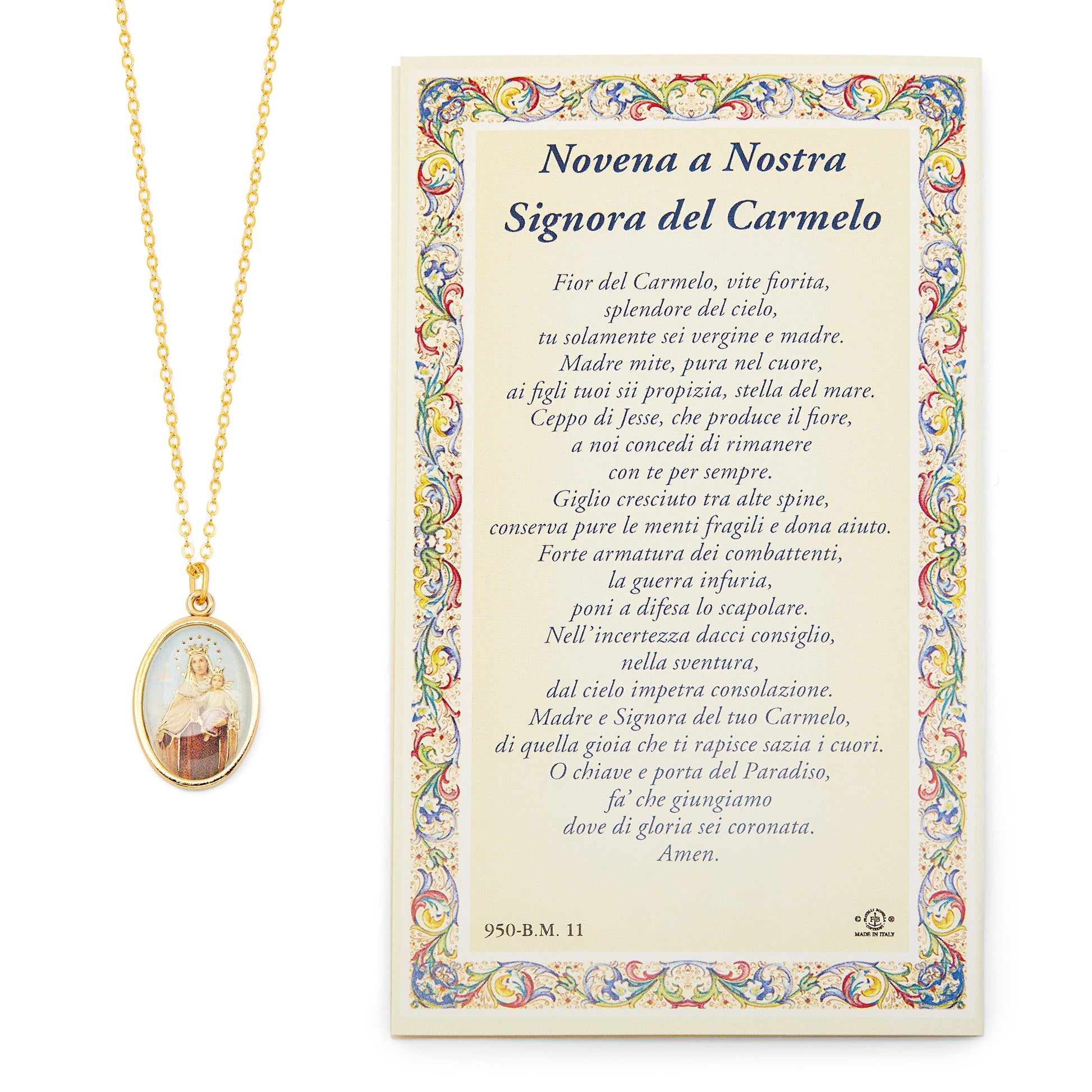MONDO CATTOLICO Our Lady of Mount Carmel Holy Card and Medal with the Chain