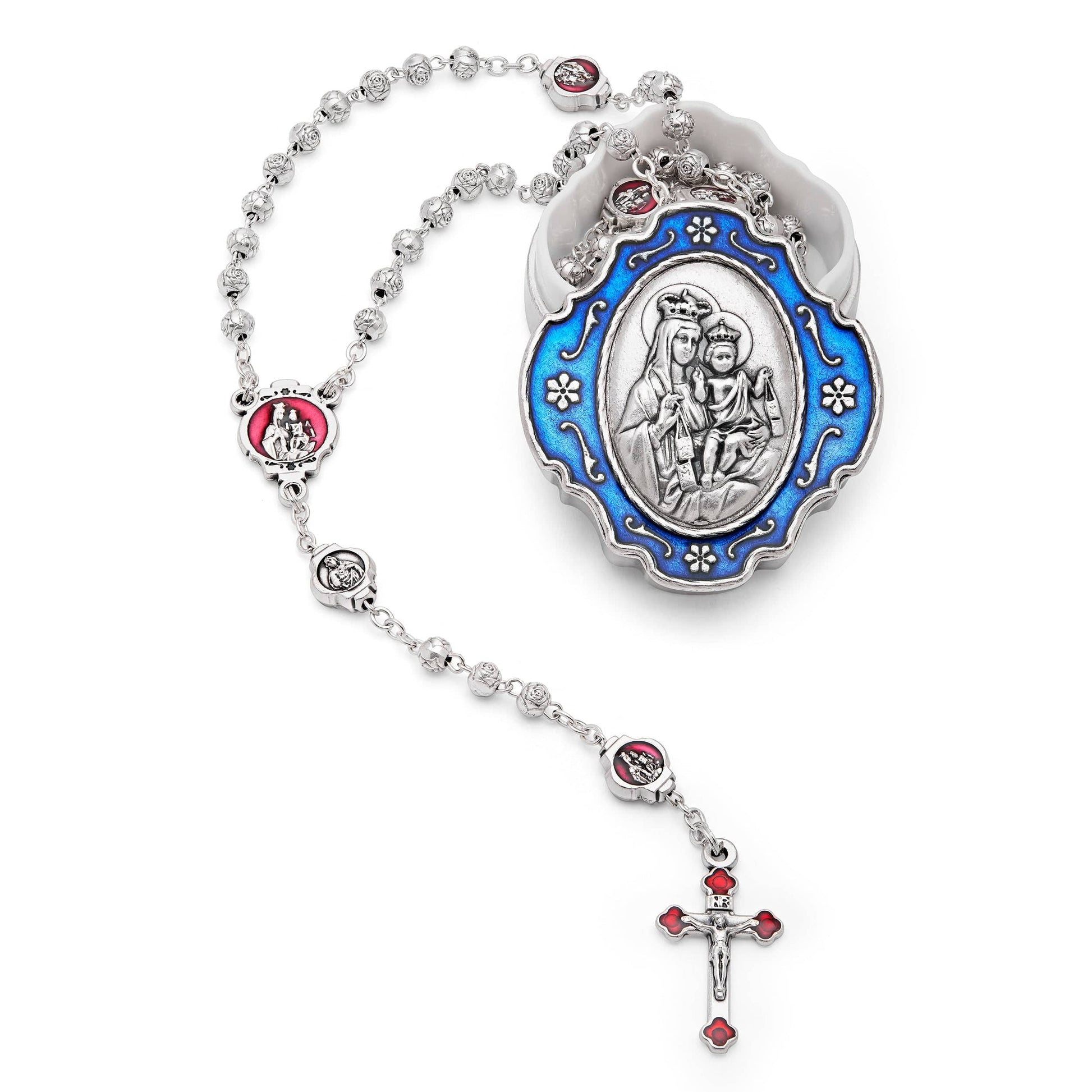 MONDO CATTOLICO Prayer Beads 34 cm (13.38 in) / 4 mm (0.15 in) Our Lady of Mount Carmel Metal Case and Rosary