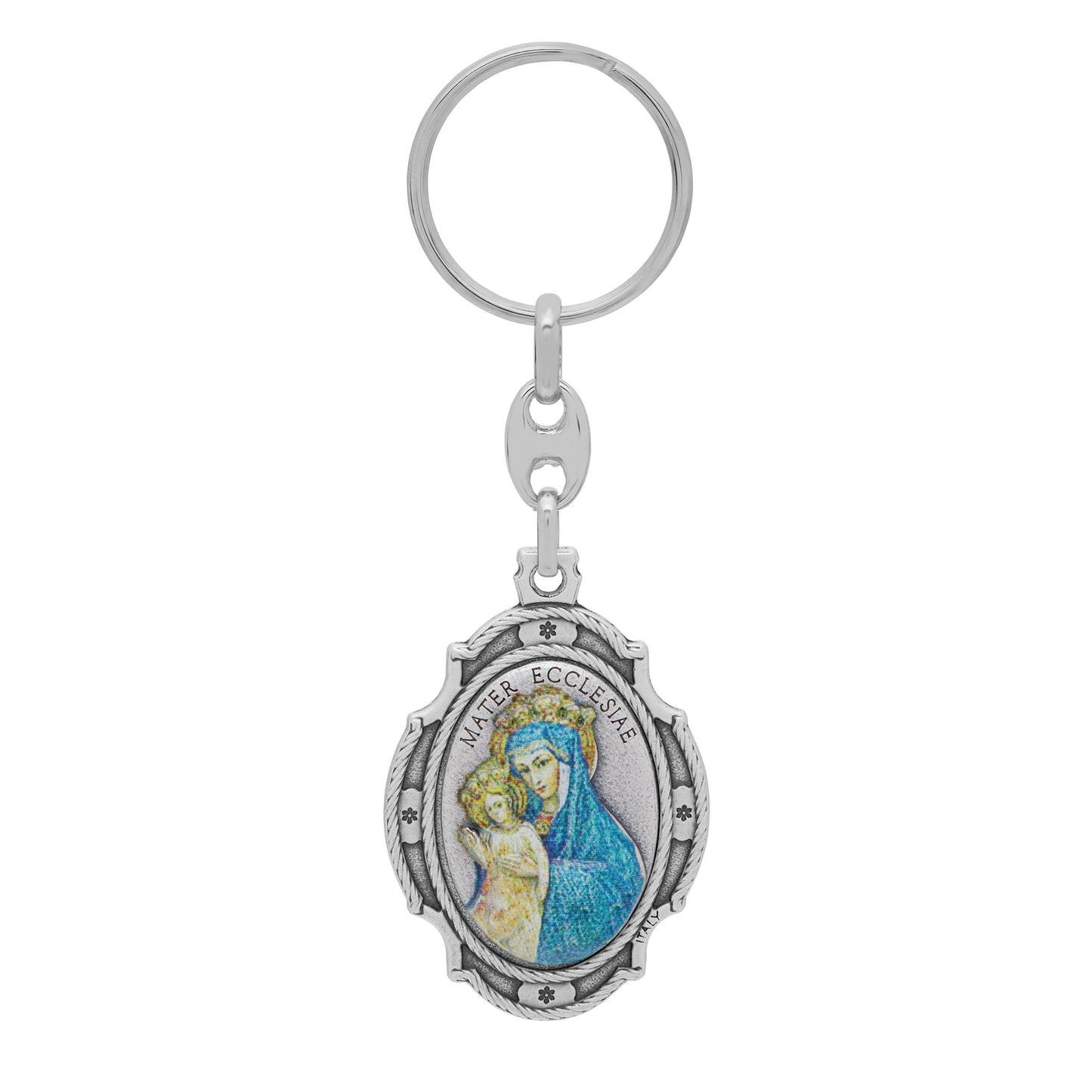 Mondo Cattolico Keychains Oval Colored Metal Keychain With Worked Frame of Mater Ecclesiae