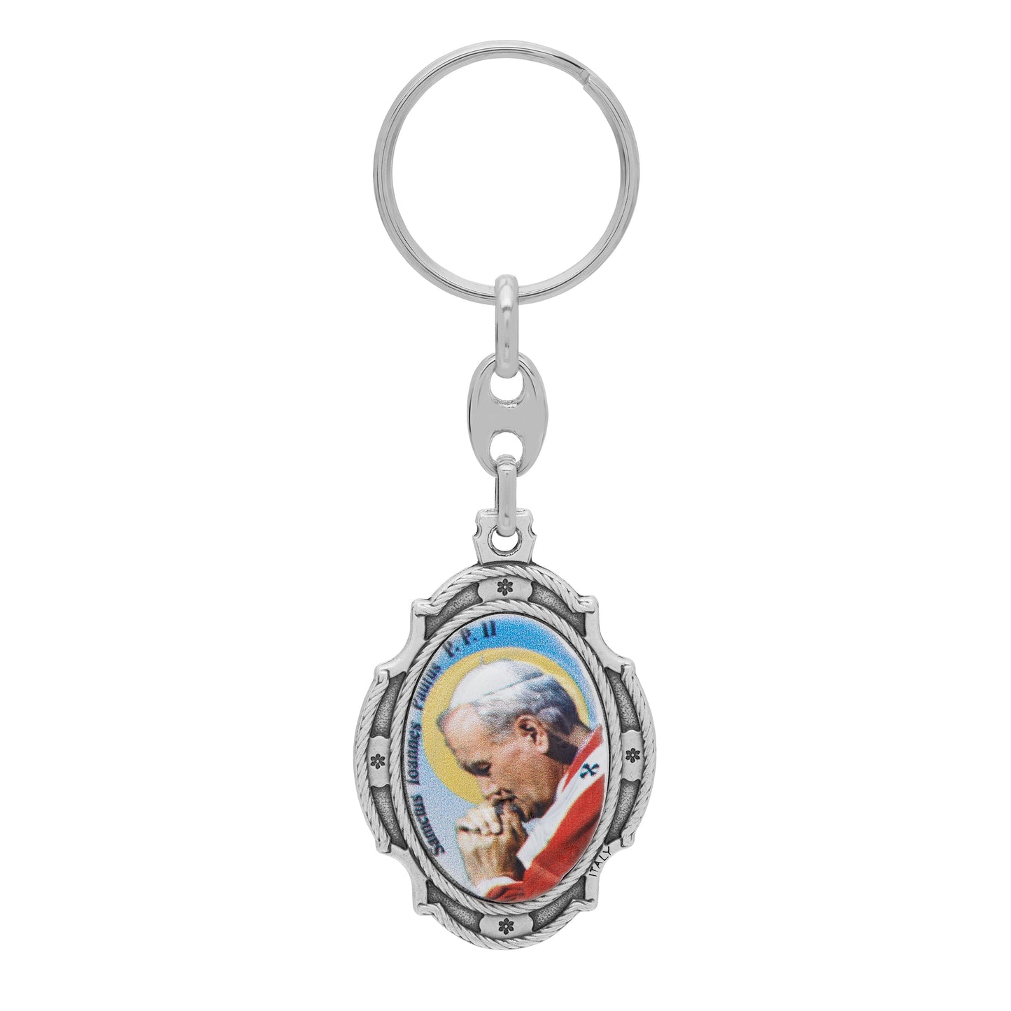 Mondo Cattolico Keychains Oval Colored Metal Keychain With Worked Frame of Pope St. John Paul II
