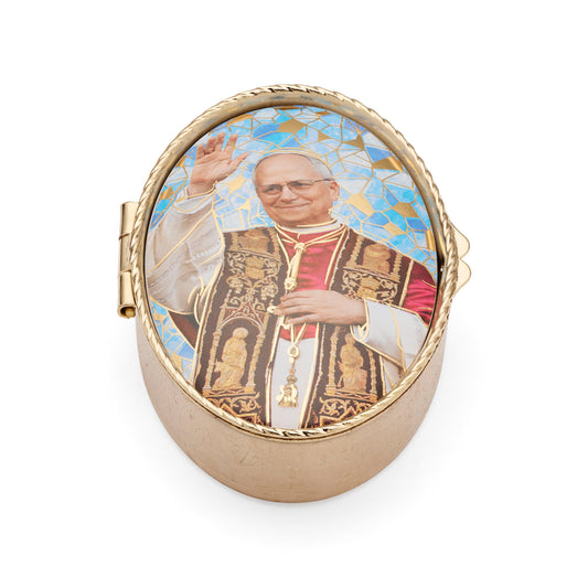Mondo Cattolico Pill Box 4.5x6.5 cm (1.77x2.56 in) Oval Pill Box in Gold-tone Metal of Pope Leo XIV