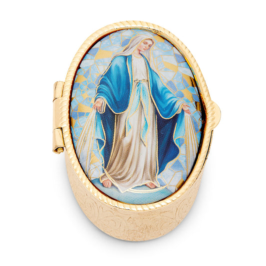 Mondo Cattolico Pill Box Oval Pill Box in Golden Metal of Our Lady of Graces