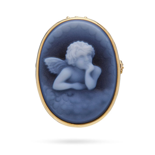 Mondo Cattolico Pendant 25x20 mm (0.98x0.79 in) Oval Yellow Gold Brooch and Pendant With Black Agate Cameo Portraying a Putto