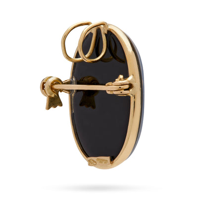 Mondo Cattolico Pendant 30x22 mm (1.18x0.87 in) Oval Yellow Gold Brooch and Pendant With Black Agate Cameo Portraying the Virgin Mary With a Rose