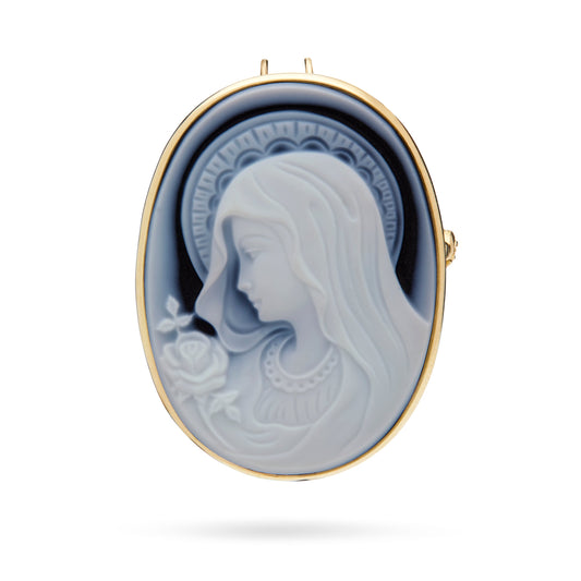 Mondo Cattolico Pendant 30x22 mm (1.18x0.87 in) Oval Yellow Gold Brooch and Pendant With Black Agate Cameo Portraying the Virgin Mary With a Rose