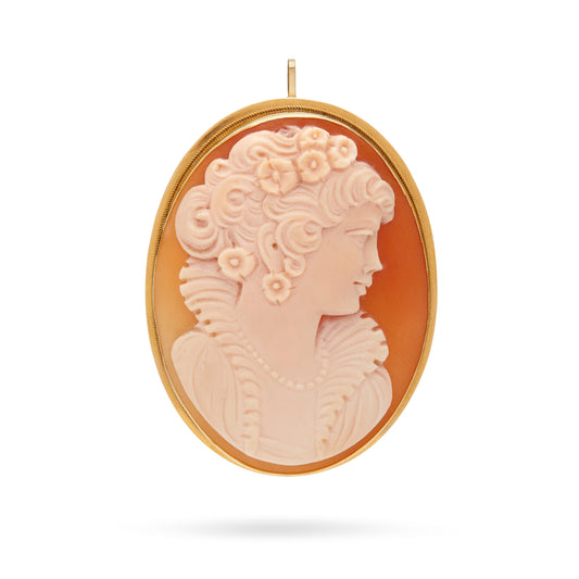 Mondo Cattolico Jewelry 50x35 mm (1.97x1.38 in) Oval Yellow Gold Brooch and Pendant With Cameo Portraying a Woman