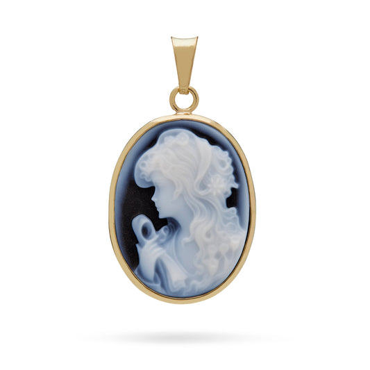 Mondo Cattolico Pendant 20x15 mm (0.79x0.59 in) Oval Yellow Gold Pendant With Black Agate Cameo Portraying a Woman