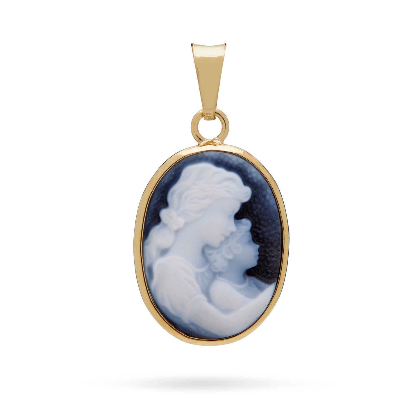 Mondo Cattolico Pendant Oval Yellow Gold Pendant With Black Agate Cameo Portraying Mother Mary With Baby Jesus