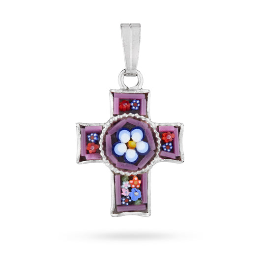 MONDO CATTOLICO ROMA 20 mm (0.79 in) Pewter Micromosaic Cross with Central Flower