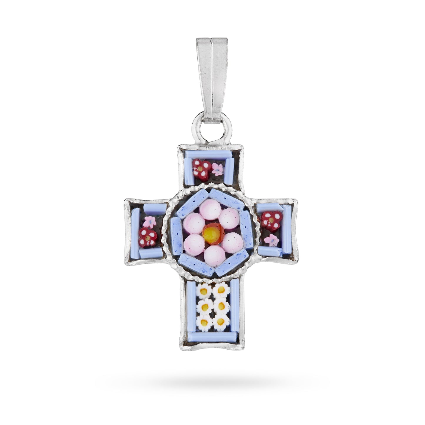 MONDO CATTOLICO ROMA 20 mm (0.79 in) Pewter Micromosaic Cross with Central Flower