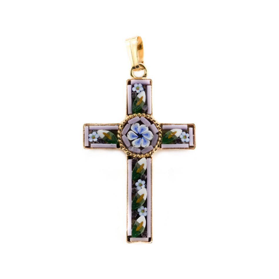 MONDO CATTOLICO Pewter Micromosaic Cross with Flower
