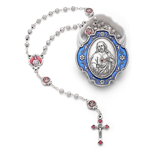 MONDO CATTOLICO Prayer Beads 36 cm (14.17 in) / 4 mm (0.15 in) Pewter Rosary and Blue Holder with Jesus of Sacred Heart
