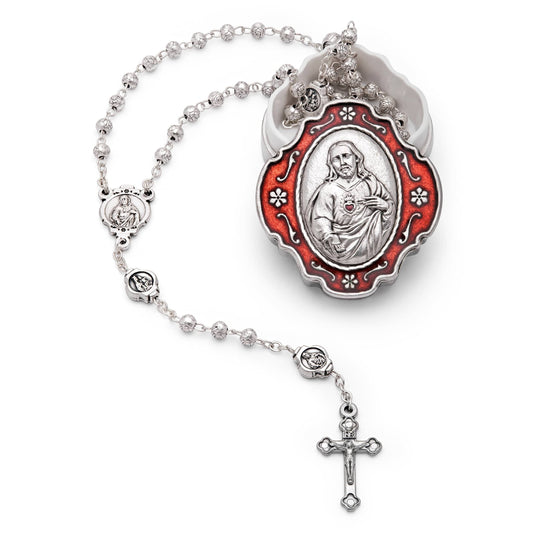 MONDO CATTOLICO Prayer Beads 36 cm (14.17 in) / 4 mm (0.15 in) Pewter Rosary and Holder with Jesus of Sacred Heart