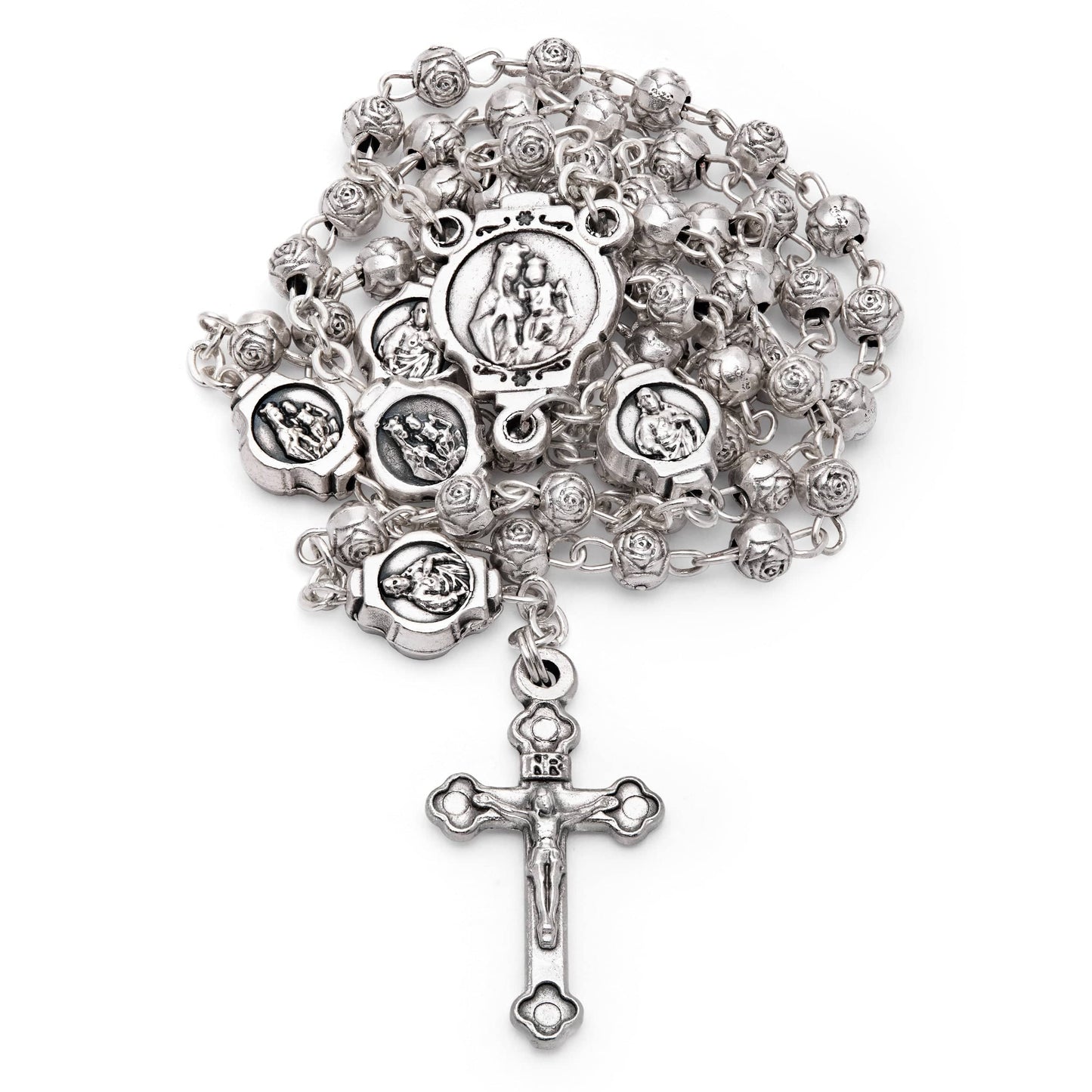 MONDO CATTOLICO Prayer Beads 36 cm (14.17 in) / 4 mm (0.15 in) Pewter Rosary and Holder with Jesus of Sacred Heart