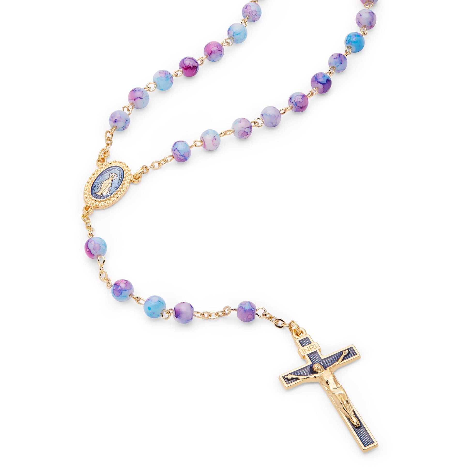 MONDO CATTOLICO Prayer Beads 47 cm (18.5 in) / 6 mm (0.24 in) Pink and Blue Variegated Glass Rosary of The Miraculous Virgin Mary