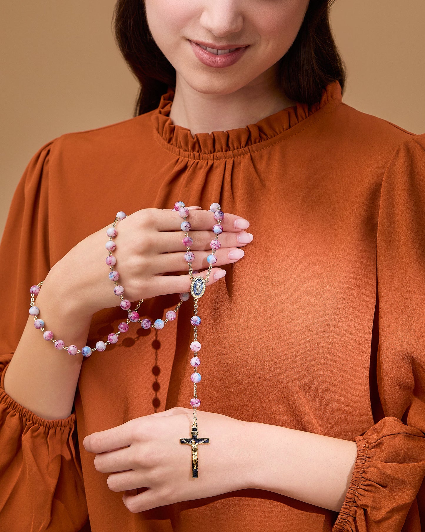 MONDO CATTOLICO ROMA Prayer Beads Pink and Blue Variegated Rosary of Our Lady of the Miraculous Medal