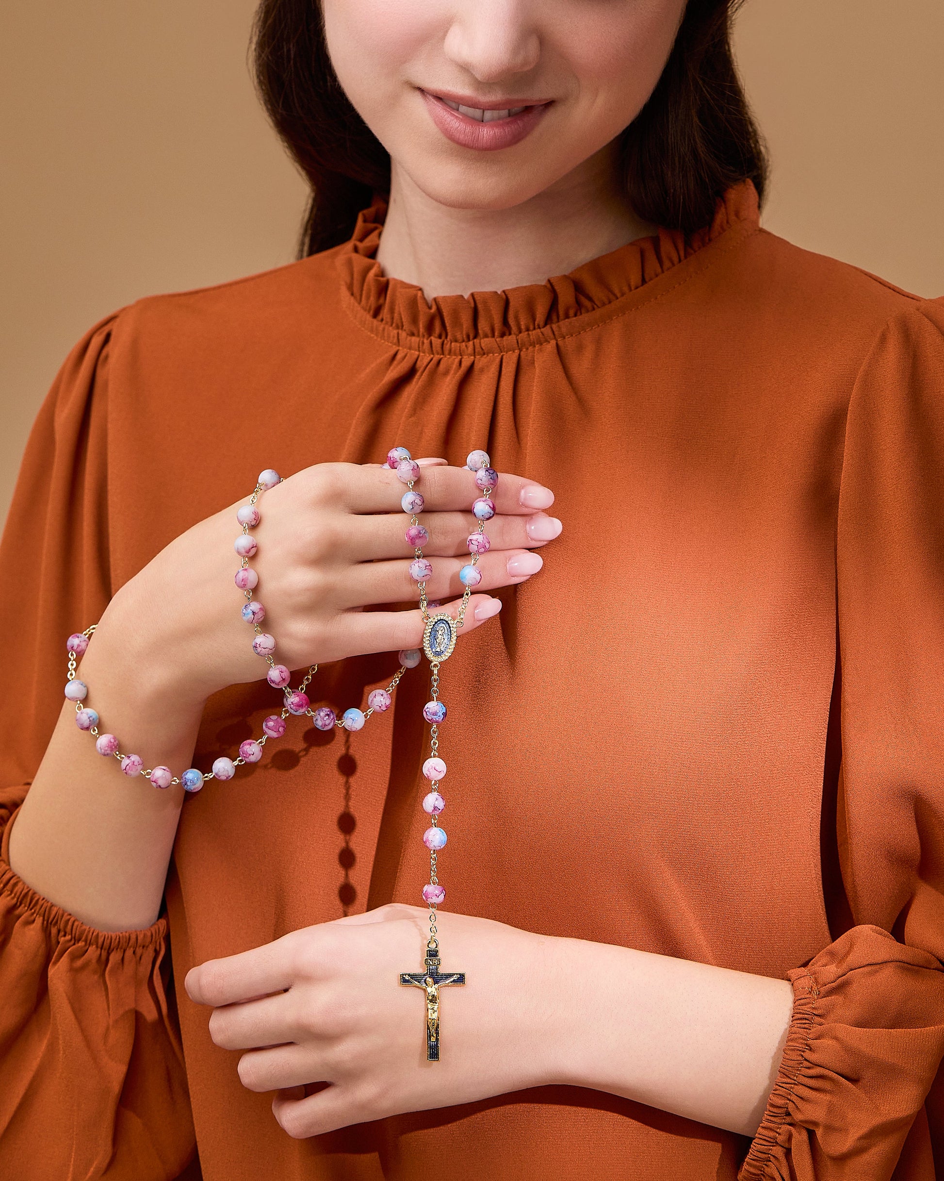 MONDO CATTOLICO ROMA Prayer Beads Pink and Blue Variegated Rosary of Our Lady of the Miraculous Medal