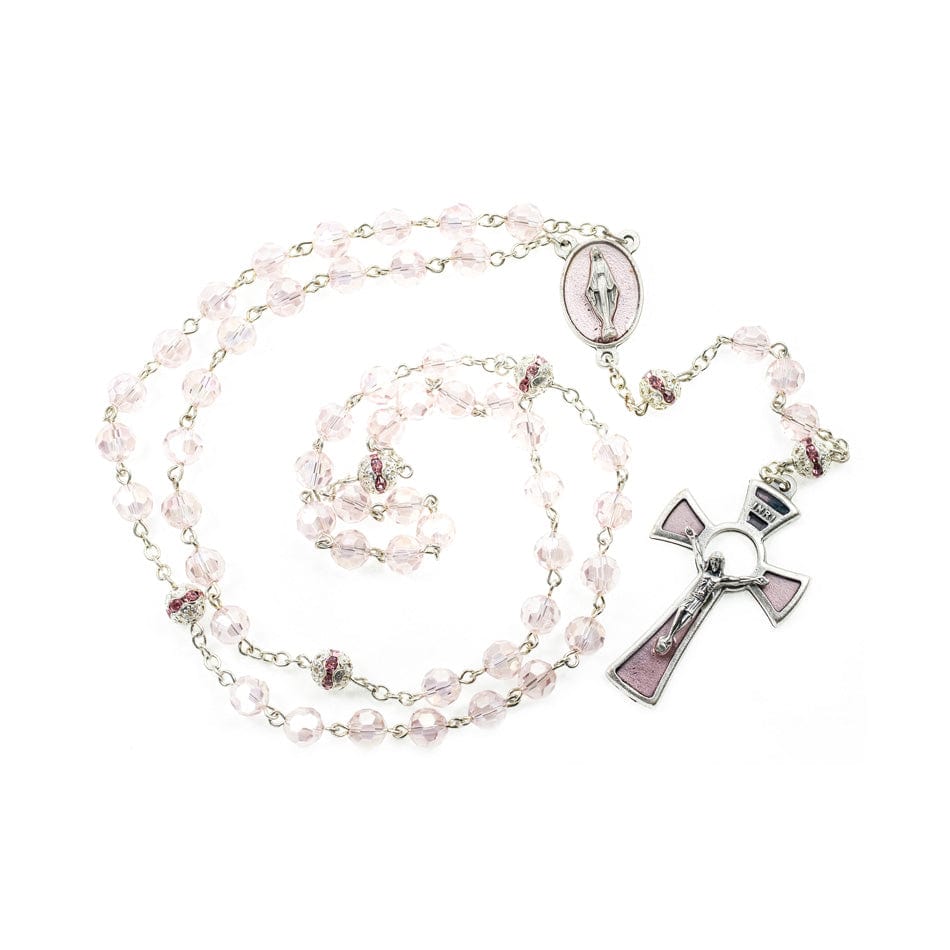 MONDO CATTOLICO Prayer Beads Pink Faceted Crystal Rosary