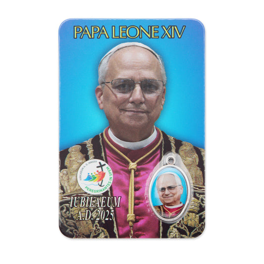 MONDO CATTOLICO ROMA Holy Card Plasticized Holy Card of Pope Leo XIV with Blue Background and and Ceremonial Vestments