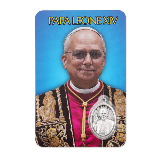 MONDO CATTOLICO ROMA Holy Card Plasticized Holy Card of Pope Leo XIV with Blue Background and and Ceremonial Vestments