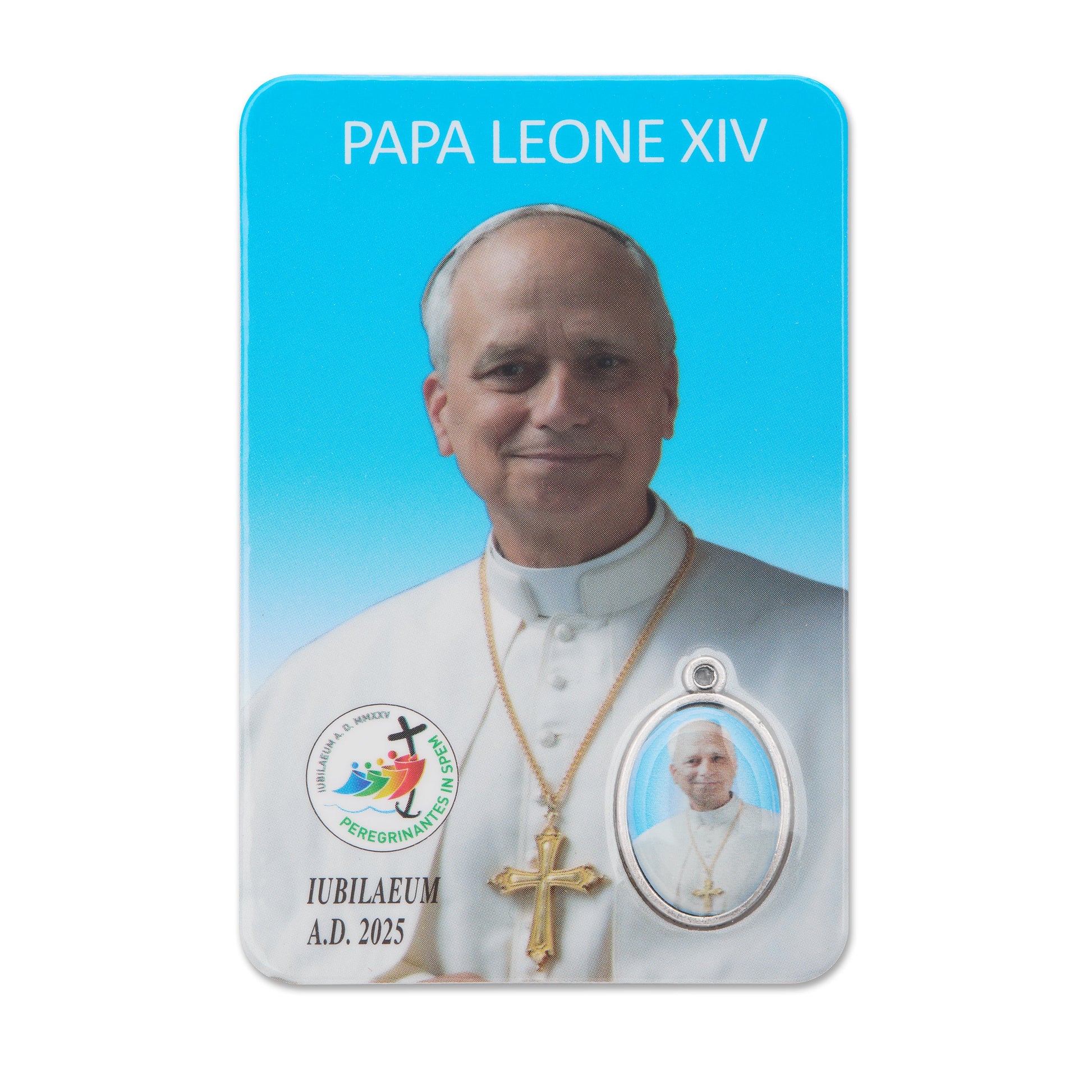 MONDO CATTOLICO ROMA Holy Card Plasticized Holy Card of Pope Leo XIV with Light Blue Background
