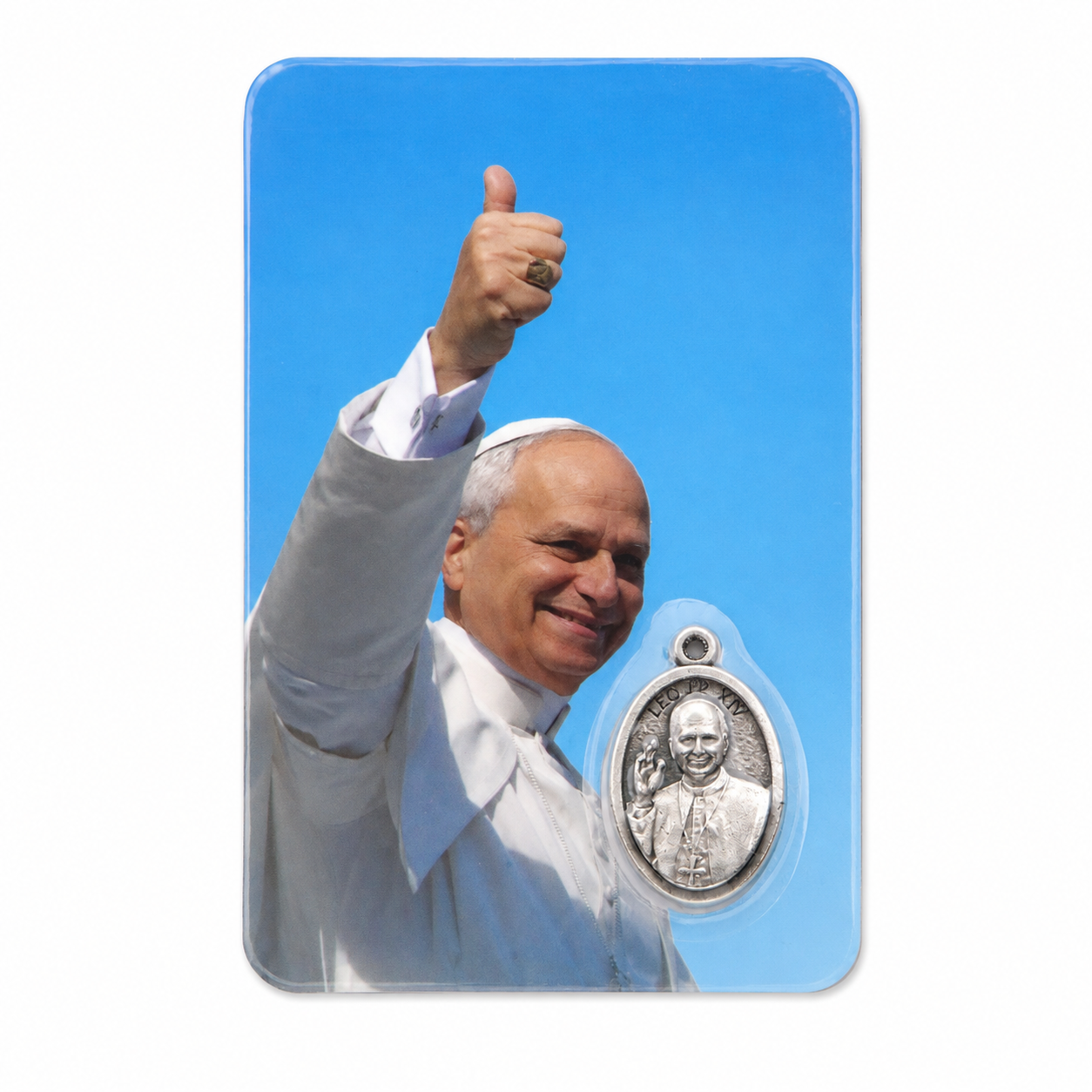 MONDO CATTOLICO ROMA Holy Card Plasticized Holy Card of Pope Leo XIV with Light Blue Background