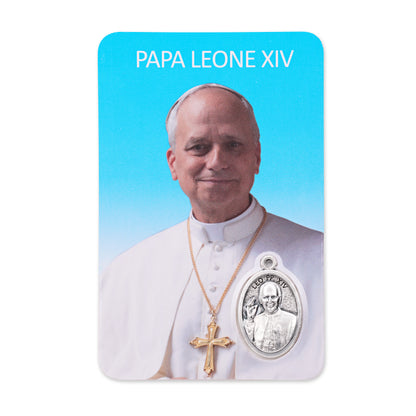MONDO CATTOLICO ROMA Holy Card Plasticized Holy Card of Pope Leo XIV with Light Blue Background