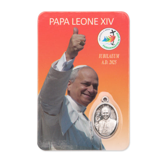 MONDO CATTOLICO ROMA Holy Card Plasticized Holy Card of Pope Leo XIV with Orange Background