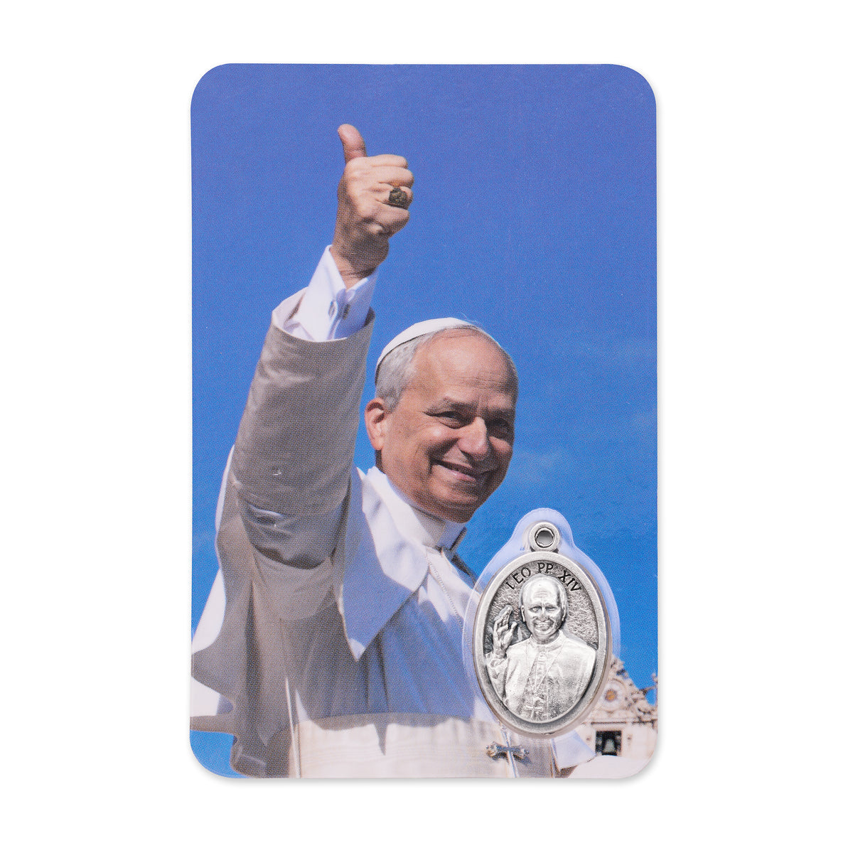 MONDO CATTOLICO ROMA Holy Card Plasticized Holy Card of Pope Leo XIV with Simple Sky Blue Background