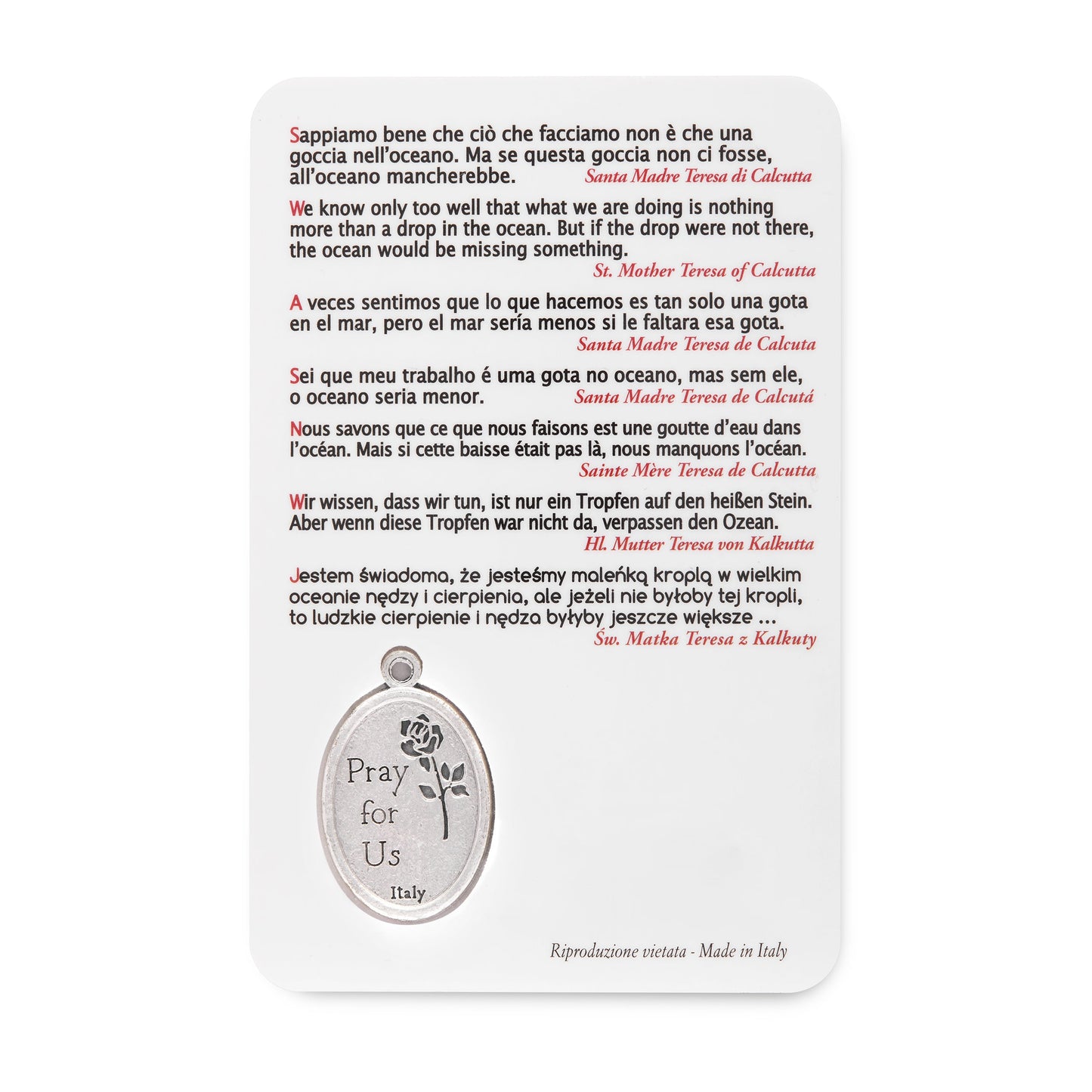 MONDO CATTOLICO ROMA Holy Card Plasticized Holy Card of St. Mother Teresa of Calcutta