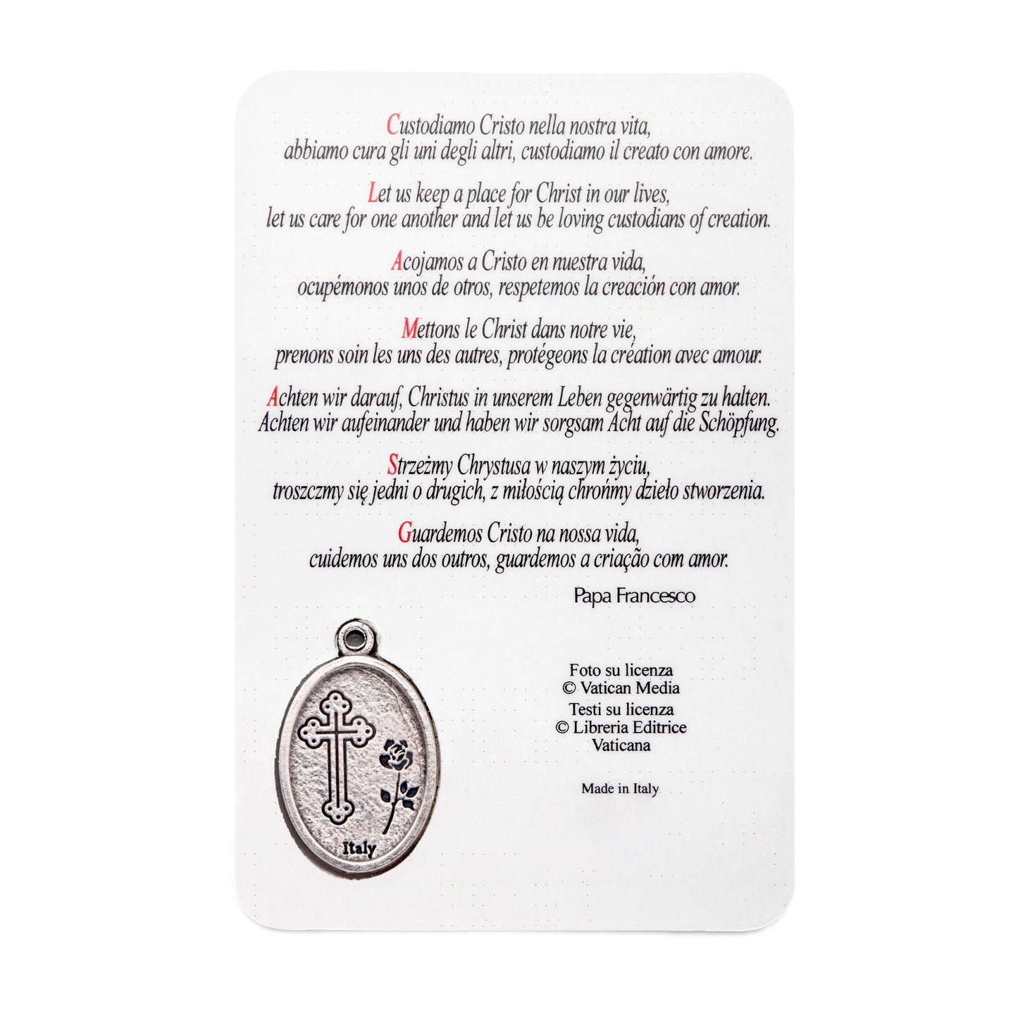 MONDO CATTOLICO ROMA Holy Card Pope Francis Laminated Prayer Card in Orange