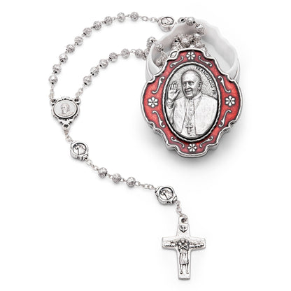 MONDO CATTOLICO Prayer Beads 34 cm (13.38 in) / 4 mm (0.15 in) Pope Francis Red Metal Case and Rosary