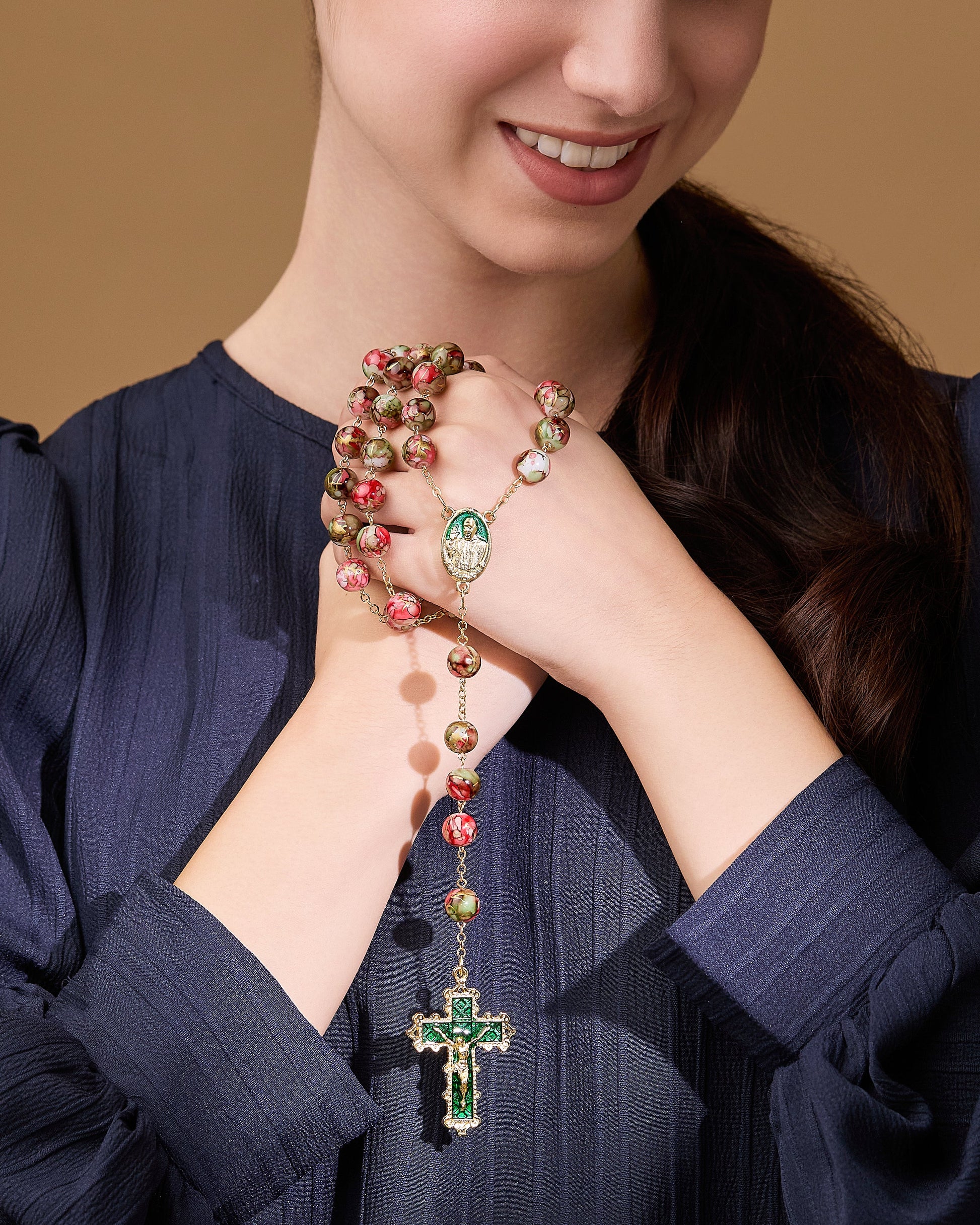 MONDO CATTOLICO ROMA Rosary 58 cm (22.83 in) / 80 cm (31.50 in) / 10 mm (0.39 in) Pope Francis Rosary with Green and Dark Red Variegated Beads