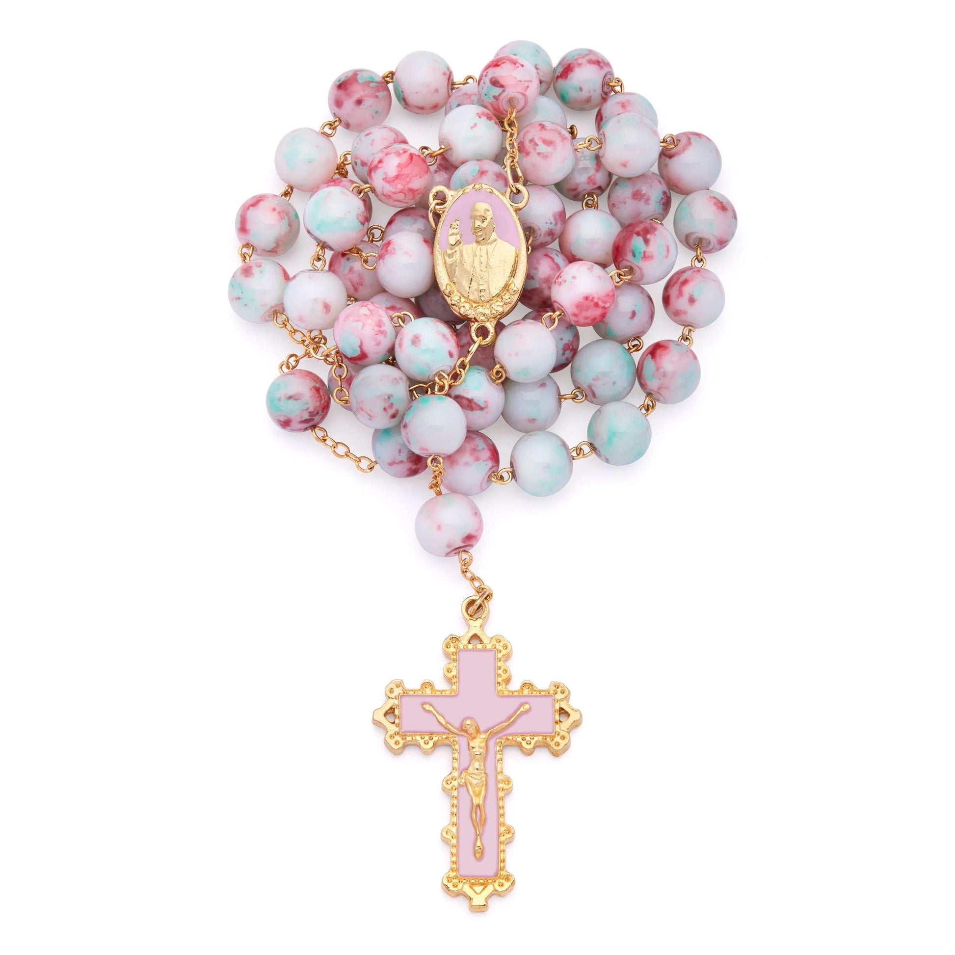 MONDO CATTOLICO ROMA Rosary 58 cm (22.83 in) / 80 cm (31.50 in) / 10 mm (0.39 in) Pope Francis Rosary with Pink Variegated Beads