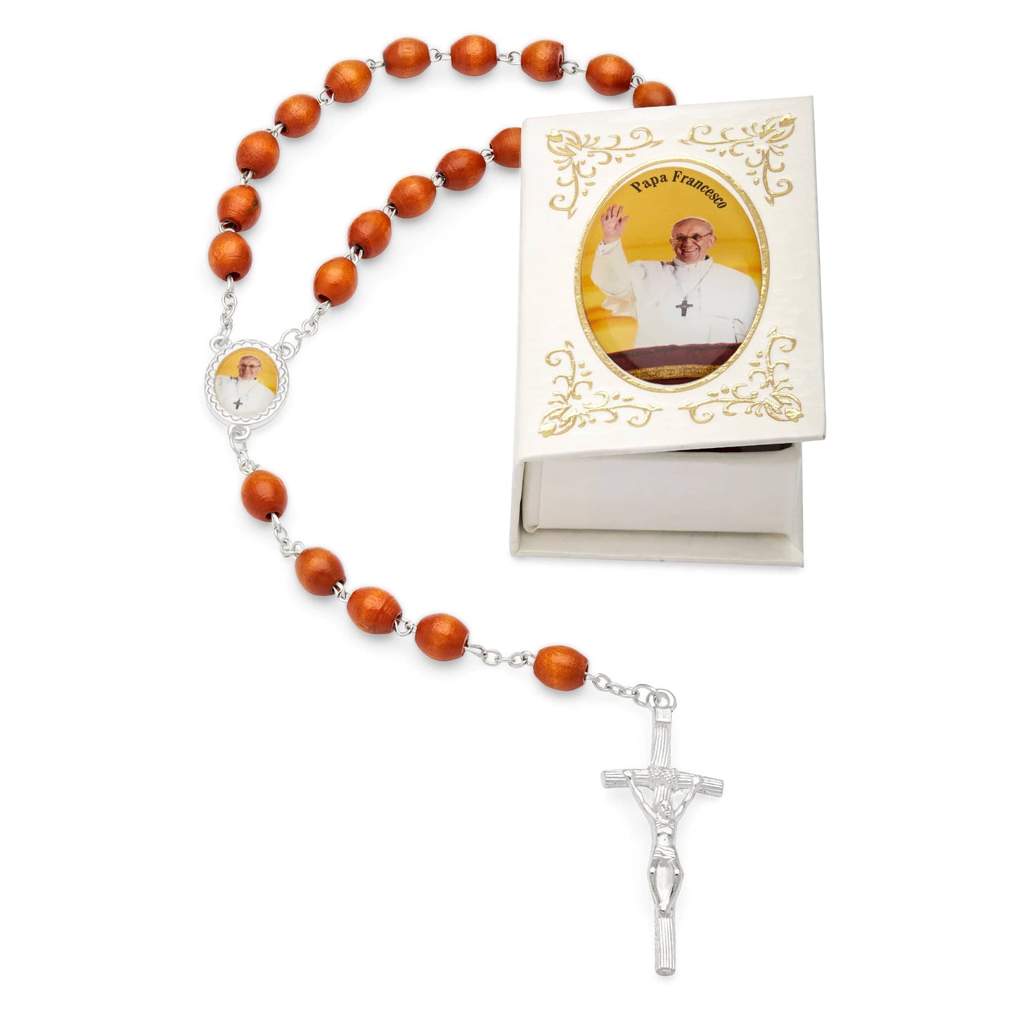 MONDO CATTOLICO Prayer Beads 53 cm (20.90 in) / 7 mm (0.30 in) Pope Francis White Case and Rosary
