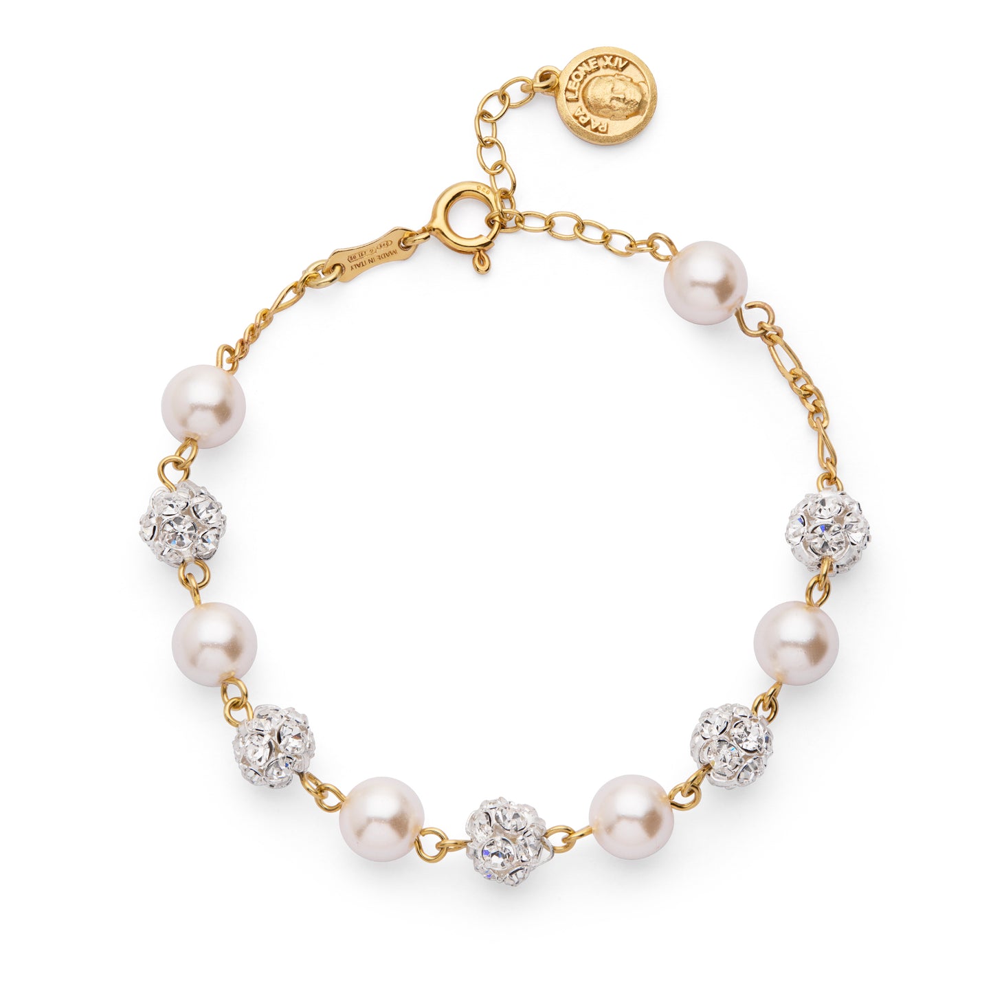 MONDO CATTOLICO ROMA Bracelet 18 - 21.50 cm (7.09 - 8.46 in) / 8 mm (0.31 in) Pope Leo XIV Adjustable Gold-Plated Sterling Silver Bracelet with White Pearl and Rhinestone Beads