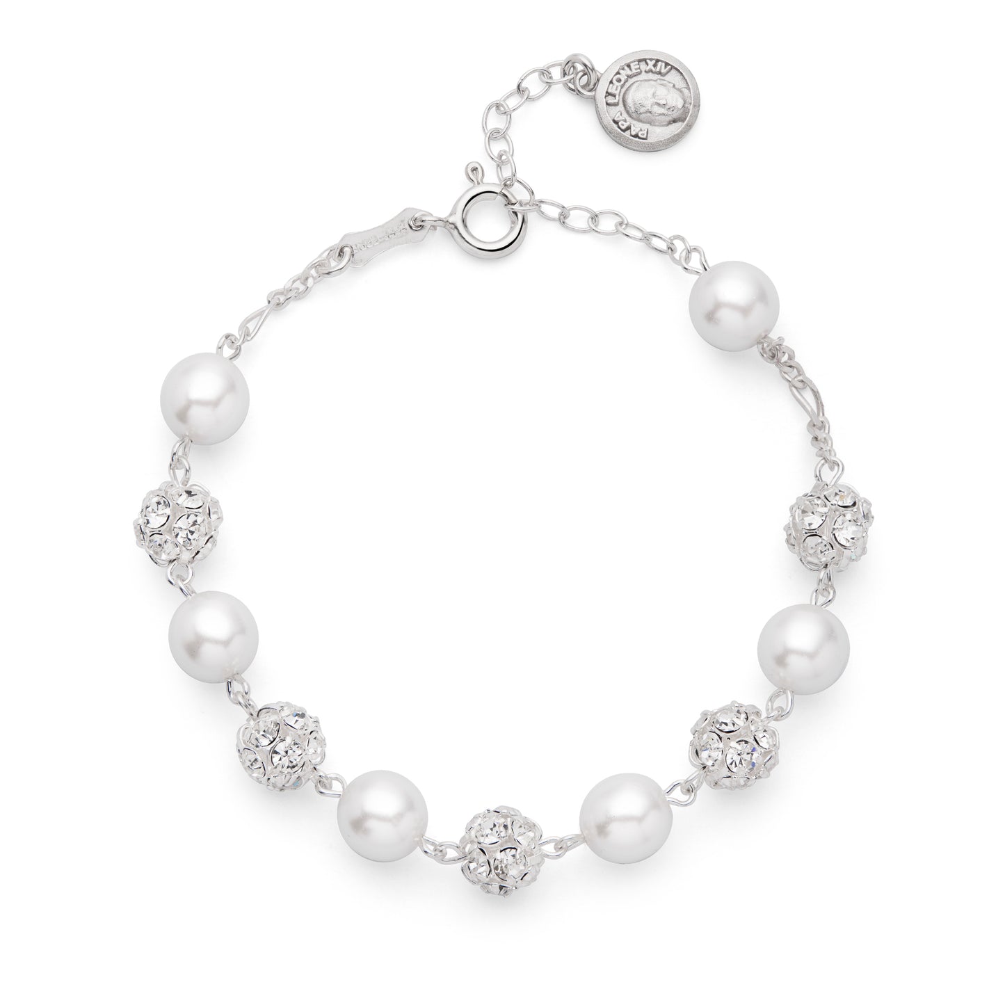 MONDO CATTOLICO ROMA Bracelet 18 - 21.50 cm (7.09 - 8.46 in) / 8 mm (0.31 in) Pope Leo XIV Adjustable Sterling Silver Bracelet with White Pearl and Rhinestone Beads