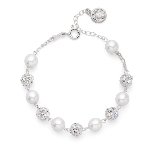 MONDO CATTOLICO ROMA Bracelet 18 - 21.50 cm (7.09 - 8.46 in) / 8 mm (0.31 in) Pope Leo XIV Adjustable Sterling Silver Bracelet with White Pearl and Rhinestone Beads