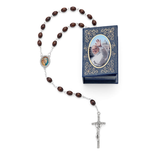 MONDO CATTOLICO ROMA Rosary Box 4x5.50 cm (1.57x2.17 in) / 7 mm (0.28 in) / 53 cm (20.90 in) Pope Leo XIV Blue Rosary Case with Wood Rosary