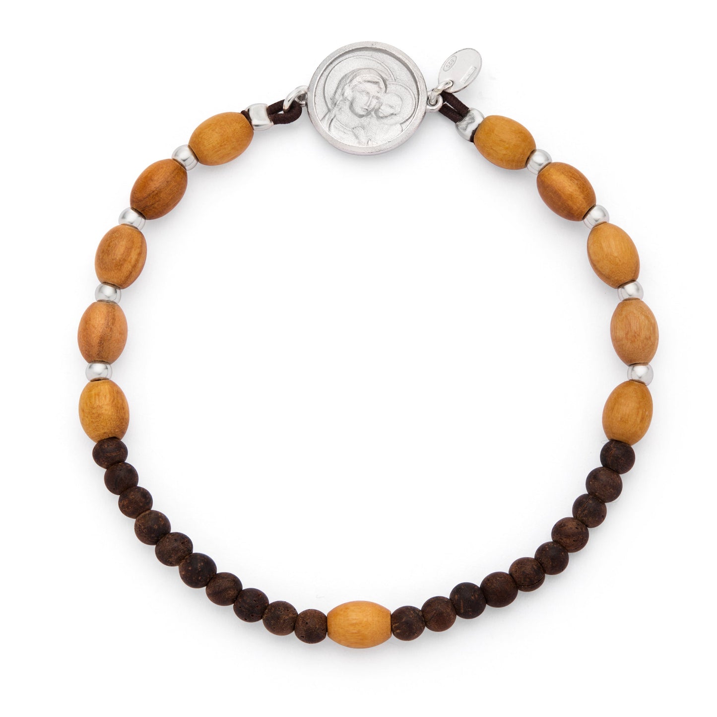 Mondo Cattolico Bracelet Adjustable / 6 x 7 mm (0.24 x 0.28 in) Pope Leo XIV Elastic Bracelet with Oval Wooden Beads and Sterling Silver Medal